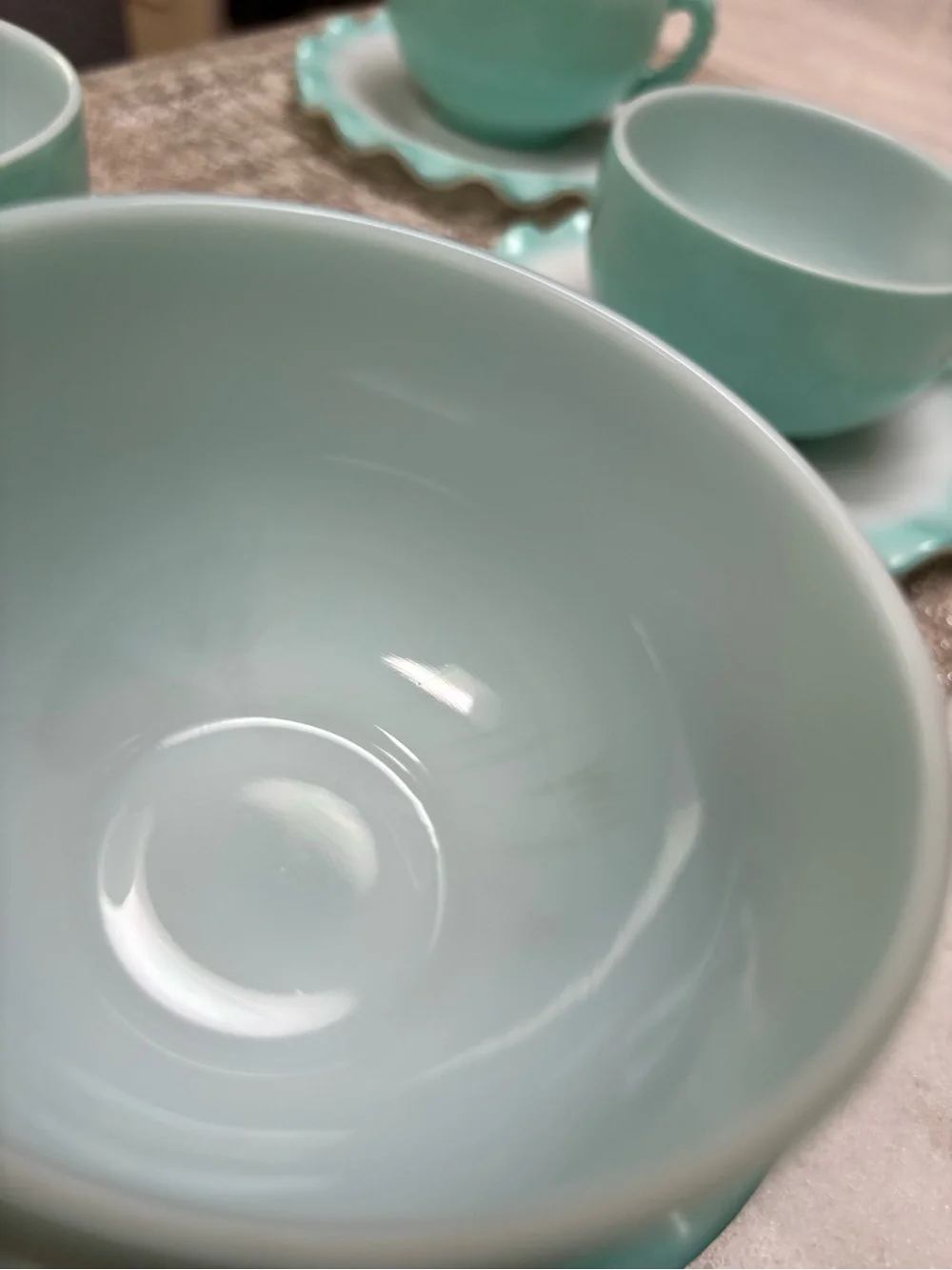 Vintage Hazel Atlas Turquoise Ripple Crinoline Cup and Saucer lot of 4